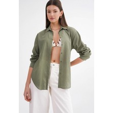 Mixray 4674 Kadın Ince Çizgili Dökümlü Basic Gömlek Haki