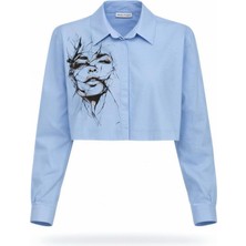 Miss Poem Kadın Mavi Baskılı Crop Gömlek