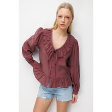 Mixray 4813 Kadın Volanlı V Yaka Bluz Mürdüm