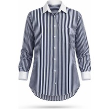 Miss Poem Kadın Lacivert Çizgili Klasik Gömlek