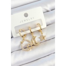Shopwave Pirinç Zirkon Taşlı Yıldız ve Ay Model Gold Renk 3'lü Kadın Küpe Set