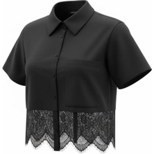 Miss Poem Kadın Siyah Dantel Detaylı Kısa Kollu Gömlek