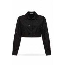 Miss Poem Kadın Siyah Taş Detaylı Crop Gömlek