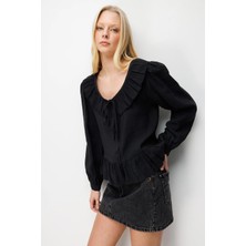 Mixray 4813 Kadın Volanlı V Yaka Bluz Siyah