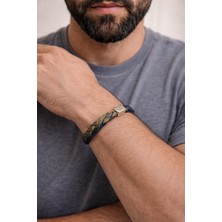 Herşey Nota Imperial Dual Hakiki Deri Erkek Bileklik – Haki & Lacivert Örgü – Metal Detaylı Çelik KILIT-1327