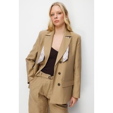 Mixray 4809 Kadın Fular Detaylı Keten Dokulu Blazer Ceket Camel