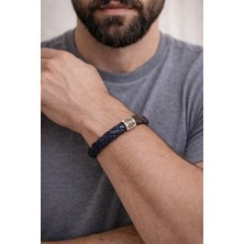 Herşey Nota Royal Contrast Hakiki Deri Erkek Bileklik – Lacivert & Kahverengi Çift Renk – Gold Detaylı Çelik KILIT-1323