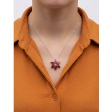 Modahilye 925 Ayar Gümüş Lotus Çiçeği Garnet Renk Taşlı Kolye