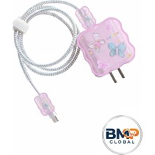 Butterfly Aesthetic Şarj Kablosu Koruyucu Set - Adaptör ve Kablo Koruyucu (Pembe & Mavi Kelebek)