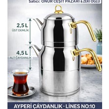 Muhtelif Lines Ayperi L-3040 Mega Boy Çaydanlık No:10 Paslanmaz Çelik Büyük Boy Çaydanlık Takımı 2.5 L + 4.5 L Gold Saplı