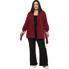 Disentis Modest Büyük Beden Şal Yaka Kendinden Kuşaklı Katlamalı Kollu Bordo Ceket