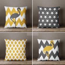 Lia Store Hardal Beyaz Renk Flamingo Desenli Çift Taraflı Dekoratif 4'lü Kombin Kırlent Kılıfı Seti