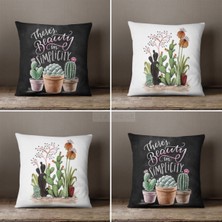 Lia Store Kaktüs Desenli Çift Taraflı Dekoratif 4'lü Kombin Kırlent Kılıfı Seti