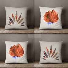 Lia Store Çiçek ve Tüy Desenli Çift Taraflı Dekoratif 4'lü Kombin Kırlent Kılıfı Seti