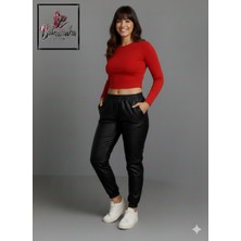 Bukadınca Suni Deri Jogger Pantolon Bel ve Paçası Lastikli, Bağcık Detaylı