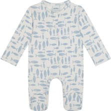 Antebies Bambu Sustainable Mavi Balık Desenli Çıtçıtlı Uzun Kollu Erkek Bebek Patikli Tulum