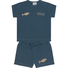Antebies Bambu, Sustainable, Mavi,balık Nakışlı Kısa Kollu  Erkek Bebek Tshirt Şort Takımı