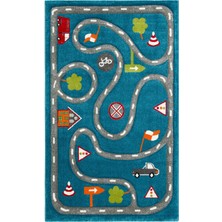 Akbel Halı Kids KDS 19 Mavi Gri - Kids KDS 19 Mavi Gri - Yumuşak Dokulu Araba Yolu Desenli Toz Vermez Çocuk Halısı