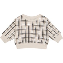 Antebies Organik Gots Sertifikalı Bej Grid Desenli Uzun Kollu Manşetli Erkek Bebek Sweatshirt