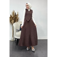 Tesettür Diyarı Tansel Kumaş Efil Efil Yelekli Takım-Kahverengi