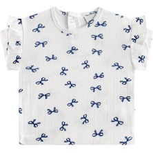 Antebies Organik Gots Sertifikalı Mavi Kurdele Jakar Arkadan Çıtçıtlı Fırfırlı Kız Bebek Tshirt
