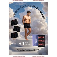 Softy 3'lü Pamuk Penye Erkek Boxer Seti – Premium Kutulu + Atlet Hediye - Siyah