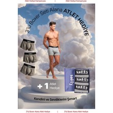 Softy 3'lü Pamuk Penye Erkek Boxer Seti – Premium Kutulu + Atlet Hediye - Gri
