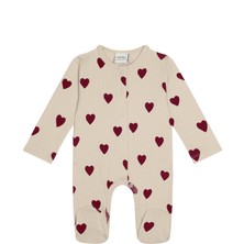 Antebies Organik Gots Sertifikalı Kırmızı Kalp Jakar Çıtçıtlı Uzun Kollu Kız Bebek Patikli Tulum