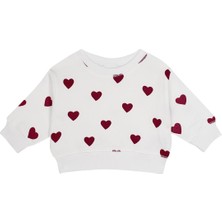Antebies Organik Gots Sertifikalı Kırmızı Kalp Desenli Uzun Kollu Manşetli Kız Bebek Sweatshirt