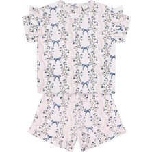 Antebies Organik Gots Sertifikalı Pembe Kurdele Bahçesi,fırfırlı,bel Bağcık,kısa Kol Bebek Tshirt Şort Takımı