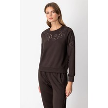 On Fashion Kolları ve Yakası Pencere Detaylı Kahverengi Sweatshirt 66322
