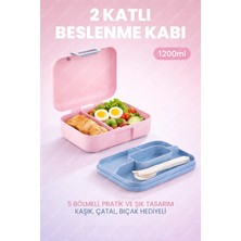 2 Katlı Beslenme Kutusu - Kendinden Kaşıklı, Çatallı, Bıçaklı - 5 Bölmeli - Okul Saklama Kabı