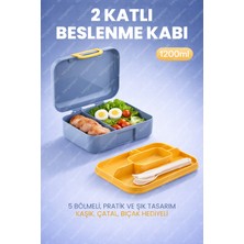 2 Katlı Beslenme Kutusu - Kendinden Kaşıklı, Çatallı, Bıçaklı - 5 Bölmeli - Okul Saklama Kabı