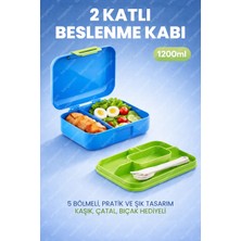 2 Katlı Beslenme Kutusu - Kendinden Kaşıklı, Çatallı, Bıçaklı - 5 Bölmeli - Okul Saklama Kabı