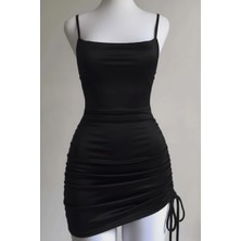 Köstebek Siyah Büzgülü Sırt Ipli & Dekolteli Askılı Gotik Dalgıç Kumaş Grunge Y2K Elbise