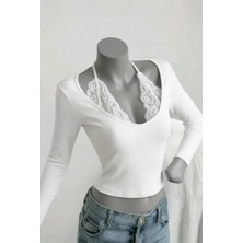 Köstebek Beyaz Bağlamalı Dantelli Ekli Gotik Y2K Uzun Kollu Crop