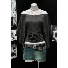 Köstebek Siyah Madonna Yaka Yarasa Kol Düz Y2K Uzun Kollu Crop