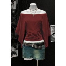 Köstebek Bordo Madonna Yaka Yarasa Kol Düz Y2K Uzun Kollu Crop