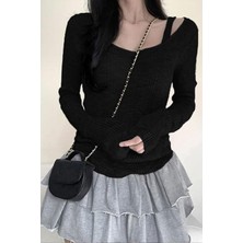 Köstebek Siyah Ek Askılı Madonna Yaka Grunge Y2K Uzun Kollu Crop