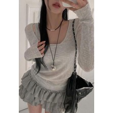Köstebek Gri Ek Askılı Madonna Yaka Harajuku Grunge Y2K Uzun Kollu Crop