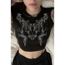 Köstebek Siyah Tribal Baskılı Gotik Y2K Kısa Kollu Crop