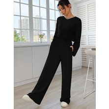 Trendseninle Kadın Siyah Fitilli Örme Kumaş Bisiklet Yakalı Crop Sweatshirt Bol Kesim Rahat Eşofman Takımı