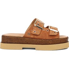 Celal Gültekin Kadın Taba Çift Tokalı Süet Deri Terlik