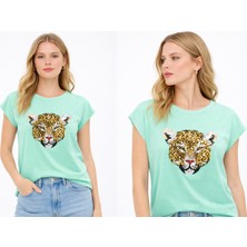 Erline Leopar Payetli Kadın T-Shirt