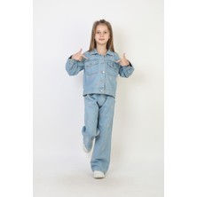 Moonch Kız Çocuk Nakış Detaylı Kot Ceket Pantolon Takım Açık Mavi Günlük Şık Kombin