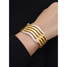 Kızılay Kuyumcusu 14 Ayar Altın 5 Sıralı Gold & Silver Renkli Sarmal Kaburga Kelepçe Bilezik 22.36 gr