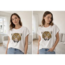 Erline Leopar Payetli Kadın T-Shirt