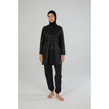 Estiva Tam Kapalı Pantolonlu Taş Baskılı Yarım Fermuarlı Tesettür Mayo Siyah