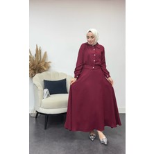 Tesettür Diyarı Krep Kumaş Taş Düğmeli Kloş Etekli Takım-Bordo