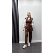 Tesettür Diyarı Scuba Kumaş Yelekli Ikili Takım-Kahverengi